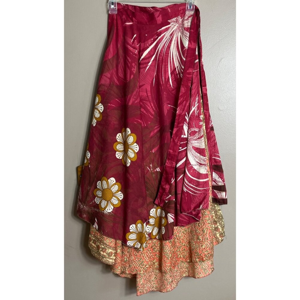 Wrap Sari Skirt Maxi Reversible Layers Red Chiffon Satin Boho Gypsy Womens 1 Sz - Picture 2 of 14